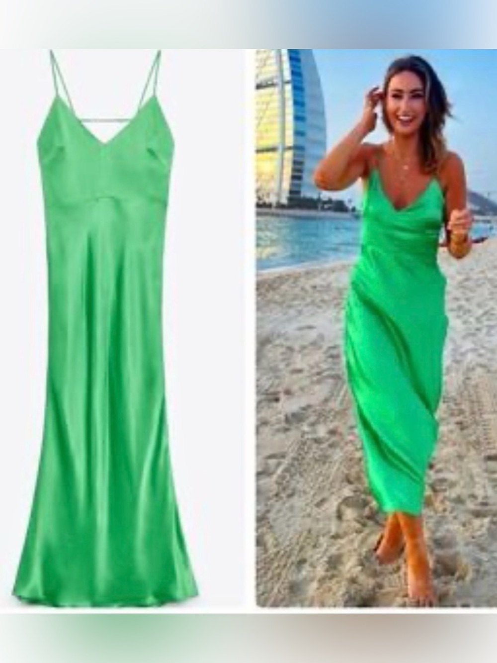 ZARA Satin Slip Midi Dress in Bright Green SZ S